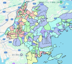 岡山県瀬戸内市の人口・世帯数データを示す市域マップ。地域区分と主要道路を色分けした地図画像。