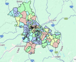 広島県三次市の人口・世帯数データを示す市域マップ。地域区分と主要道路を色分けした地図画像。