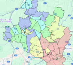 岡山県和気町の人口・世帯数|住宅種別データで見るポスティング配布の特徴 岡山県和気町の人口・世帯数データを示す市域マップ。地域区分と主要道路を色分けした地図画像。