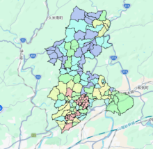 岡山県赤磐市の人口・世帯数データを示す市域マップ。地域区分と主要道路を色分けした地図画像。