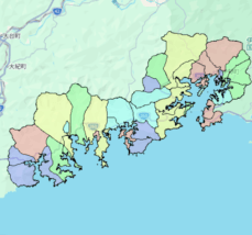 三重県南伊勢町の人口・世帯数データを示す市域マップ。地域区分と主要道路を色分けした地図画像。