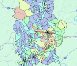 岡山県真庭市の人口・世帯数データを示す市域マップ。地域区分と主要道路を色分けした地図画像。