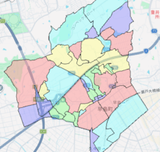 岡山県早島町の人口・世帯数データを示す市域マップ。地域区分と主要道路を色分けした地図画像。