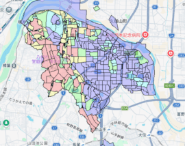京都府八幡市の人口・世帯数データを示す市域マップ。地域区分と主要道路を色分けした地図画像。