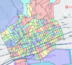 兵庫県神戸市灘区の人口・世帯数データを示す市域マップ。地域区分と主要道路を色分けした地図画像。