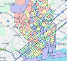 兵庫県神戸市長田区の人口・世帯数データを示す市域マップ。地域区分と主要道路を色分けした地図画像。