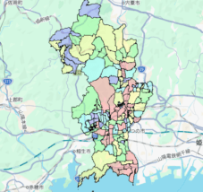 兵庫県たつの市の人口・世帯数データを示す市域マップ。地域区分と主要道路を色分けした地図画像。