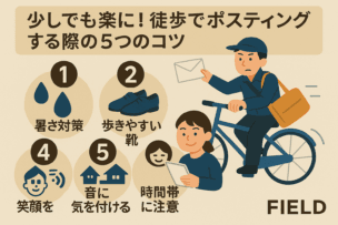 少しでも楽に!徒歩でポスティングする際の5つのコツ 徒歩でポスティングする際の5つのコツを紹介する日本語の情報画像。配達員のイラストと「暑さ対策」「歩きやすい靴」「笑顔を心掛ける」「音に気を付ける」「時間帯に注意」の5つのアイコンが並んでいる。