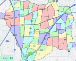 大阪府門真市の人口・世帯数|住宅種別データで見るポスティング配布の特徴 大阪府門真市の人口・世帯数データを示す市域マップ。地域区分と主要道路を色分けした地図画像。