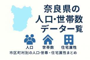 奈良県の人口・世帯数データ一覧のOGP画像。奈良県の地図シルエットと、人口・世帯数・住宅属性の各アイコン、タイトル「奈良県の人口・世帯数データ一覧」、下部に「市区町村別の人口・世帯数・住宅属性まとめ」の文字が配置されたシンプルなインフォグラフィック。