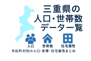 三重県の人口と世帯数データを紹介する赤背景のOGP画像。背景には三重県の地図が薄く重ねられ、上部に白い太字で「三重県の人口・世帯数データ一覧」、その下に黄色の文字で「市区町村別の人口・世帯・住宅属性まとめ」と記載。人口・世帯数・住宅属性を表すアイコンも配置されている。